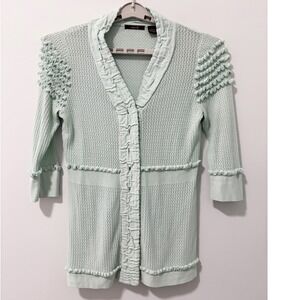 Heather B Cardigan Women Large Mint Green Ruffle Trim Pointelle Knit Sweater